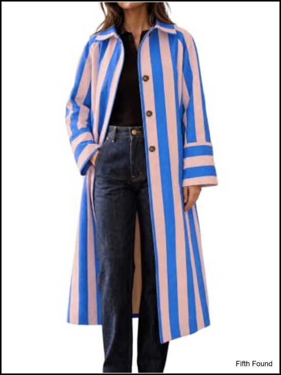 Jackets & Blazers - Women's Oversized Striped Long Trench Coat Single Breasted Lapel Collar